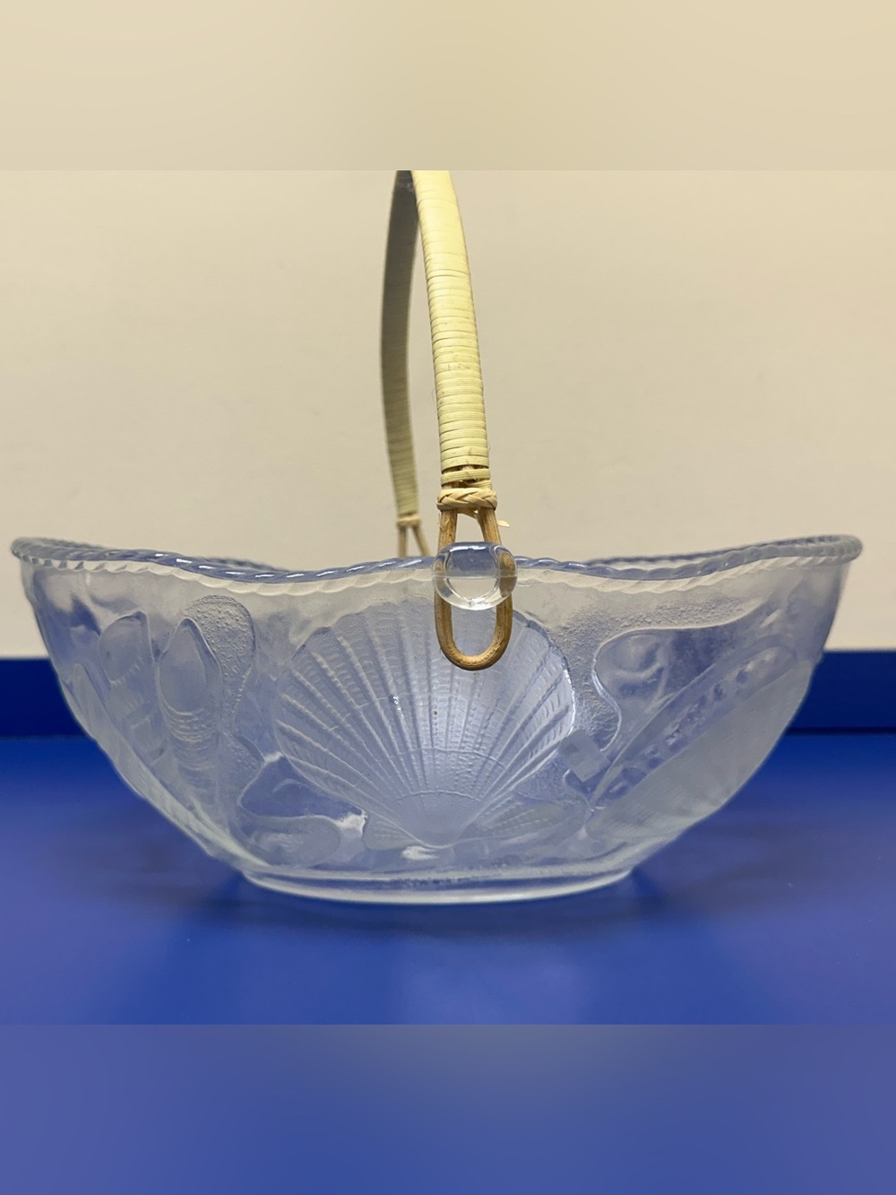 Frosted Glass Shell Basket with Wicker Handle -